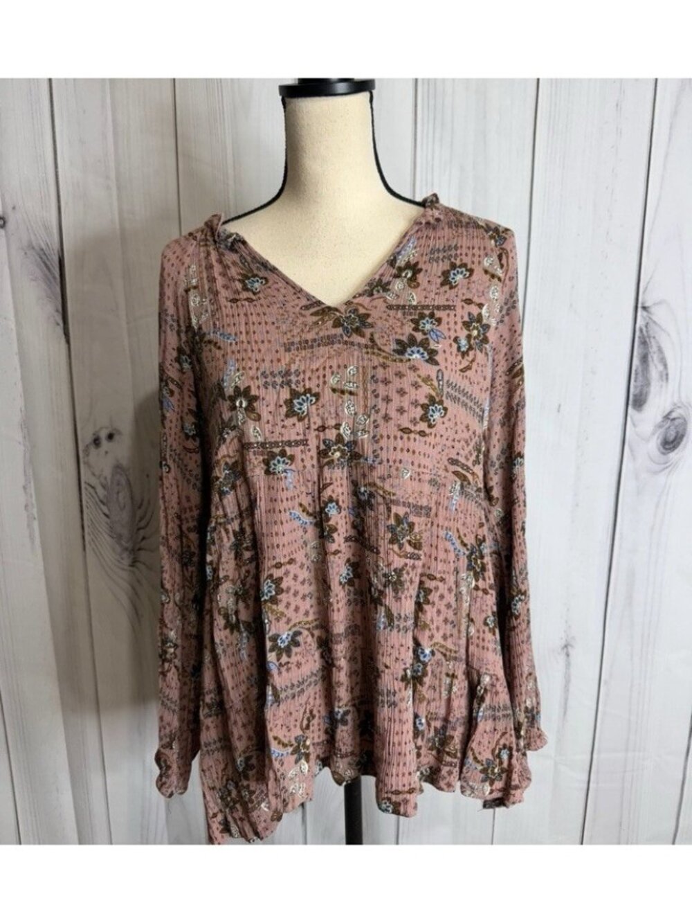 Jodifl Peasant Top Sz L Pullover V-Neck Cottage Core Blouse Floral Dusty Pink